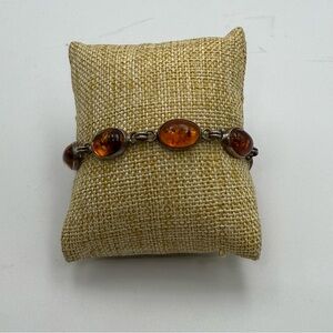 Vintage Sterling Silver 925 Oblong Amber Station Link Bracelet